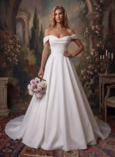 Ball-Gown Off-The-Shoulder Sleeveless Court Train Crepe Satin Wedding Dresses