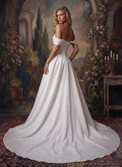 A-Line Off-The-Shoulder Sleeveless Court Train Crepe Satin Wedding Dresses