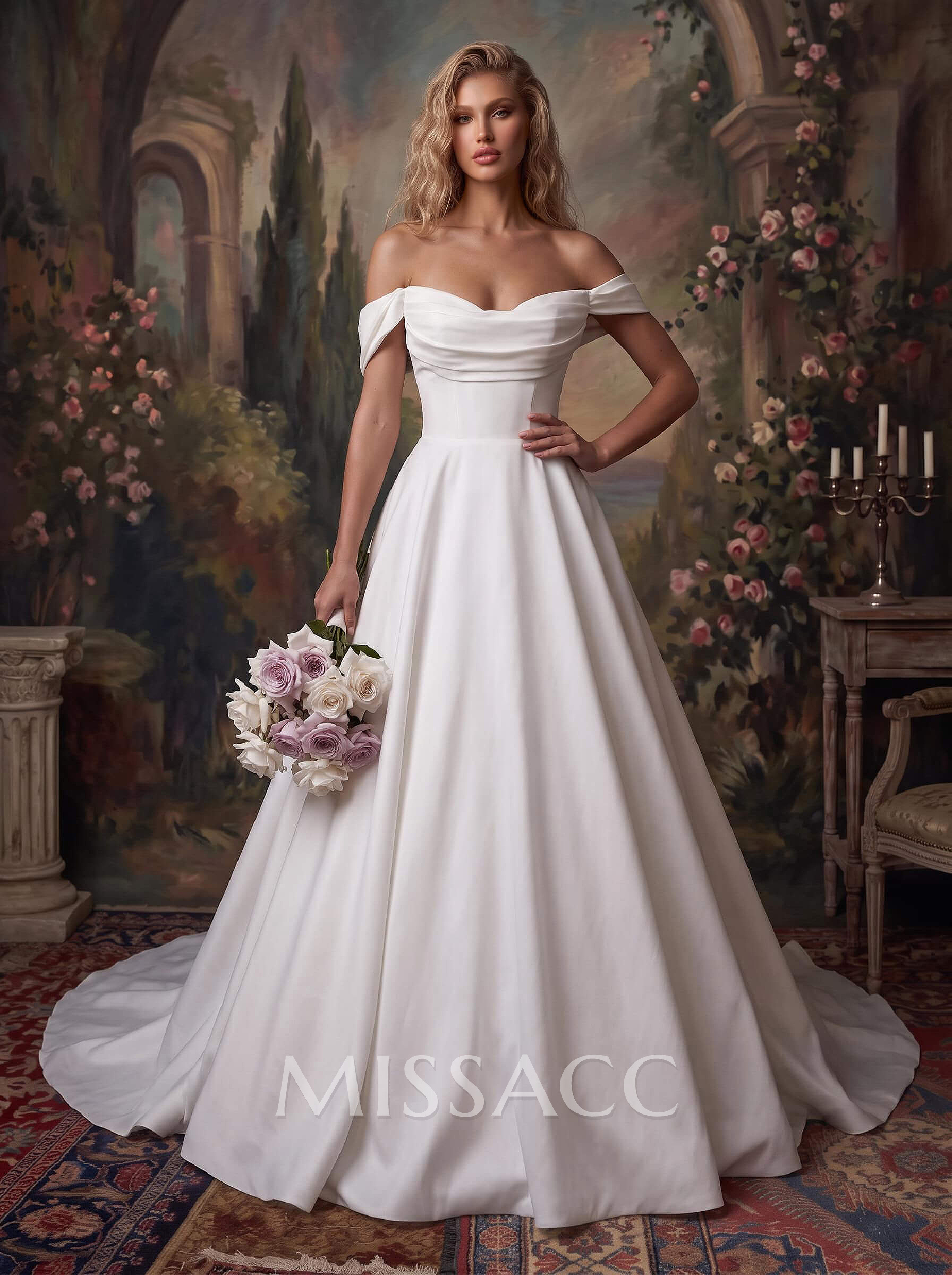 A-Line Off-The-Shoulder Sleeveless Court Train Crepe Satin Wedding Dresses