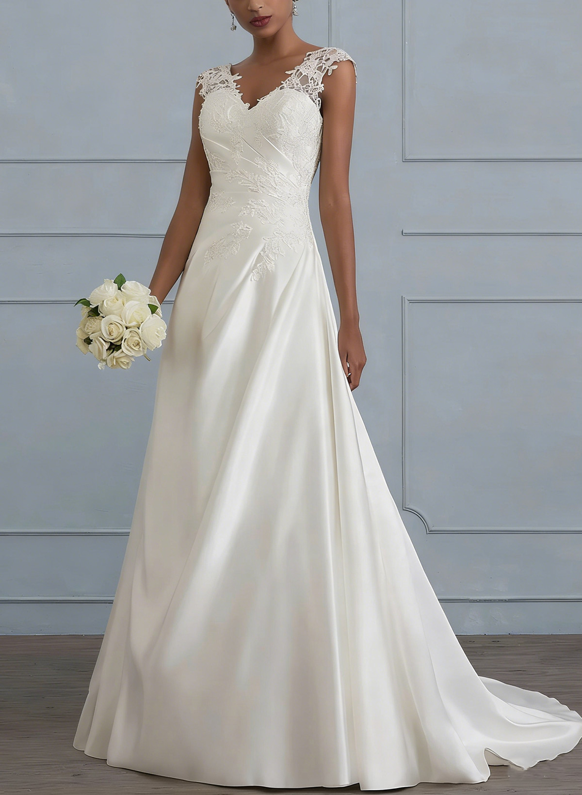 A-Line V-Neck Sleeveless Sweep Train Matte Satin Wedding Dresses With Appliques Lace