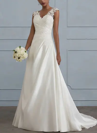 A-Line V-Neck Sleeveless Sweep Train Matte Satin Wedding Dresses With Appliques Lace