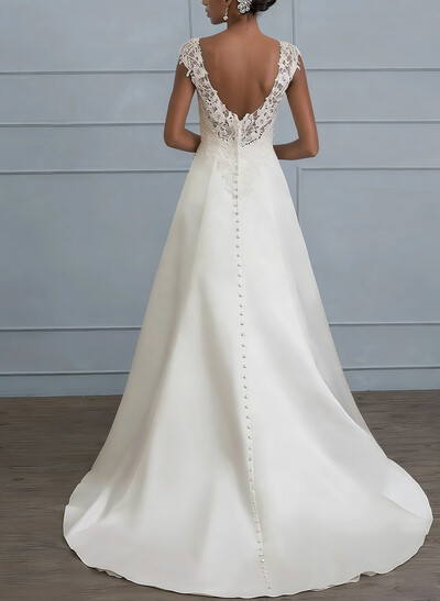 A-Line V-Neck Sleeveless Sweep Train Matte Satin Wedding Dresses With Appliques Lace
