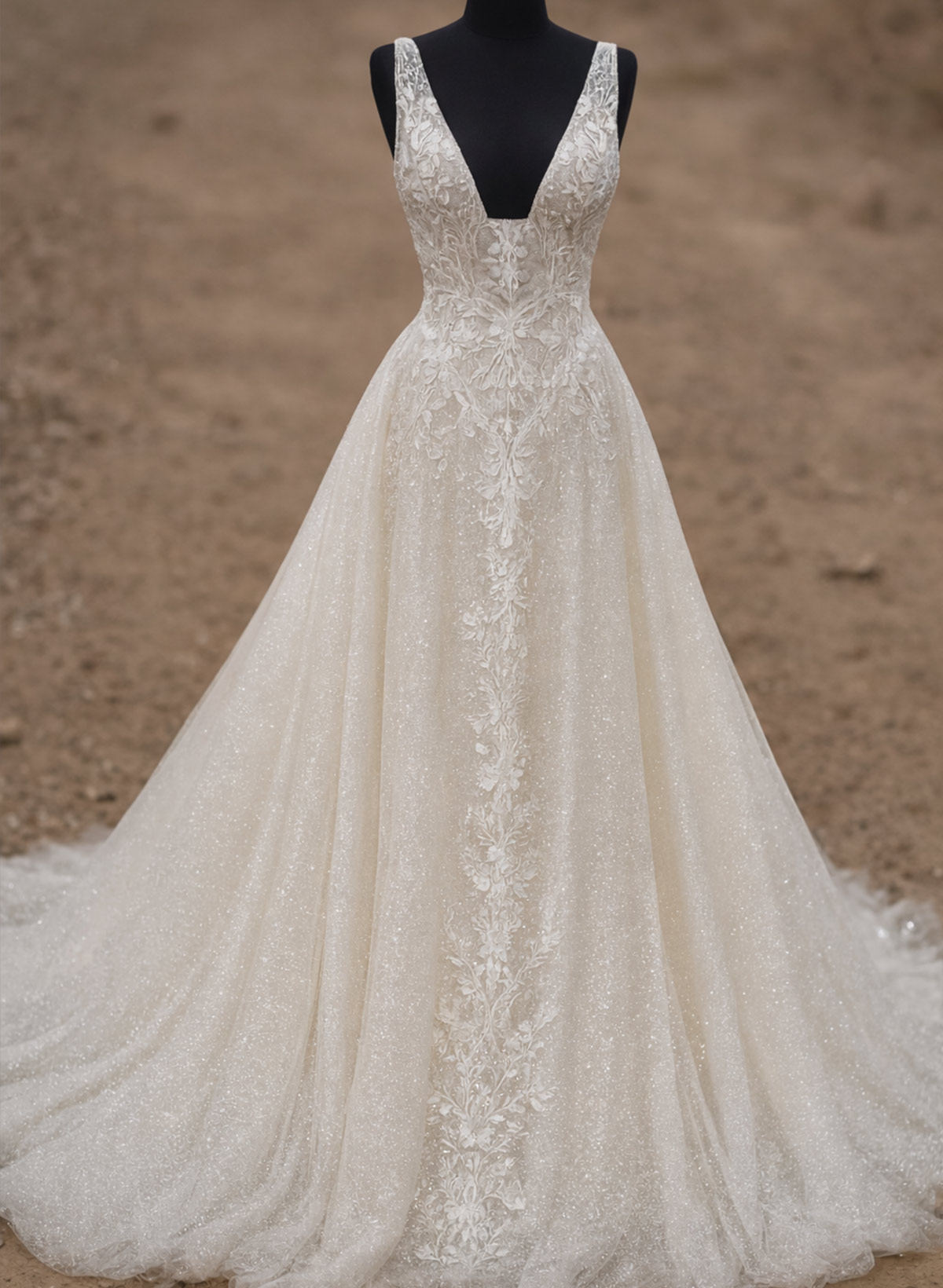 A-Line Plunge Neck Sleeveless Sweep Train Wedding Dresses With Appliques Lace