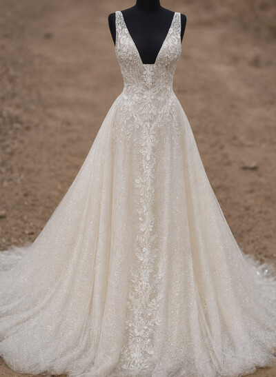 A-Line Plunge Neck Sleeveless Sweep Train Wedding Dresses With Appliques Lace