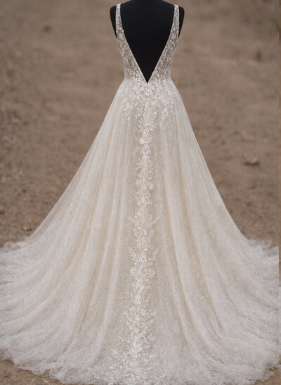 A-Line Plunge Neck Sleeveless Sweep Train Wedding Dresses With Appliques Lace