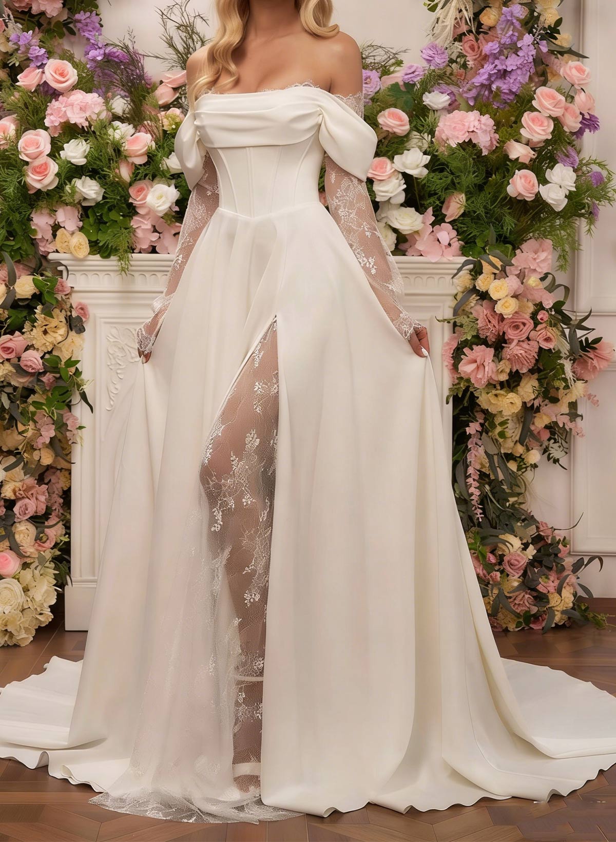 A-Line Off-The-Shoulder Long Sleeves Court Train Lace Wedding Dresses With Split Front