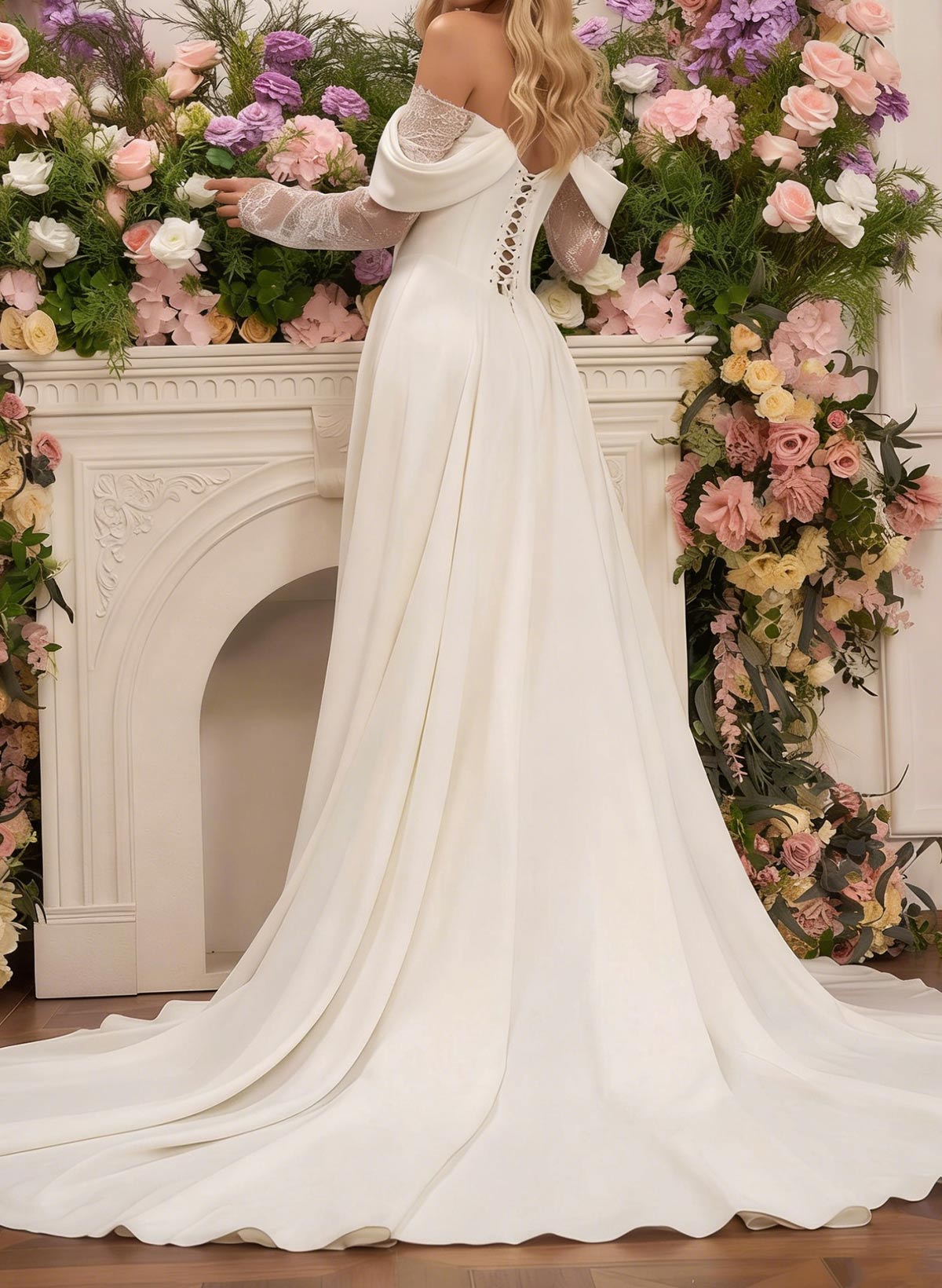 A-Line Off-The-Shoulder Long Sleeves Court Train Lace Wedding Dresses With Split Front