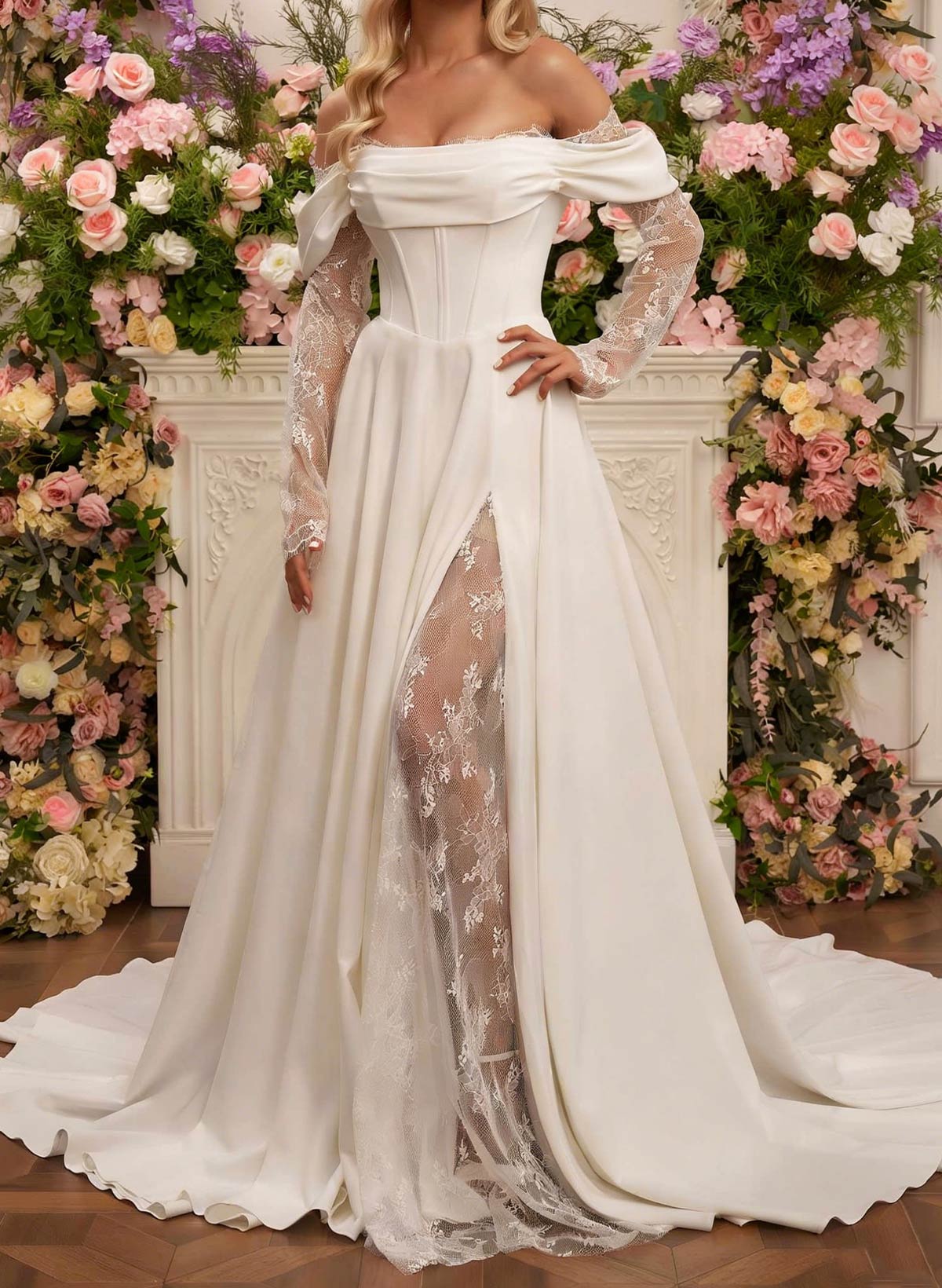 A-Line Off-The-Shoulder Long Sleeves Court Train Lace Wedding Dresses With Split Front