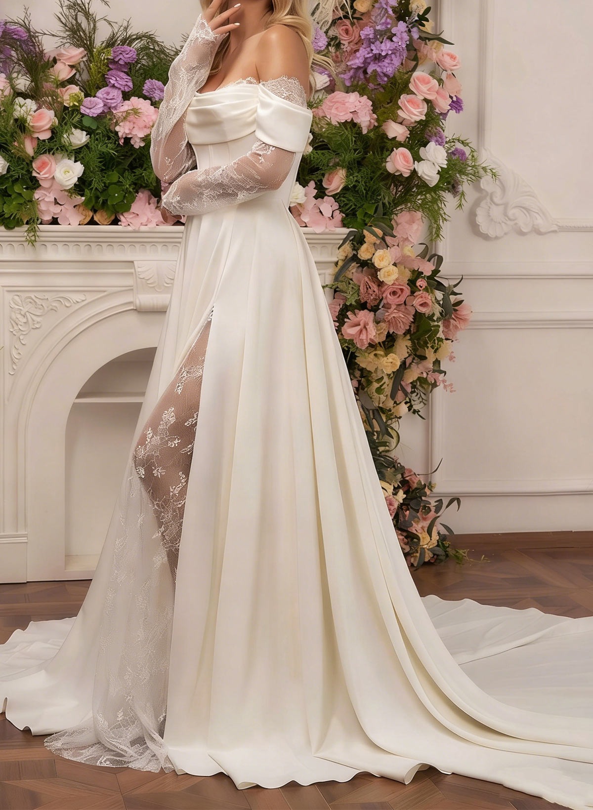 A-Line Off-The-Shoulder Long Sleeves Court Train Lace Wedding Dresses With Split Front