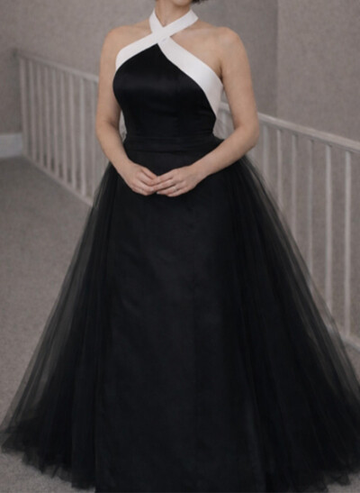 A-Line Halter Sleeveless Sweep Train Satin/Organza Wedding Dresses With Bow(s)