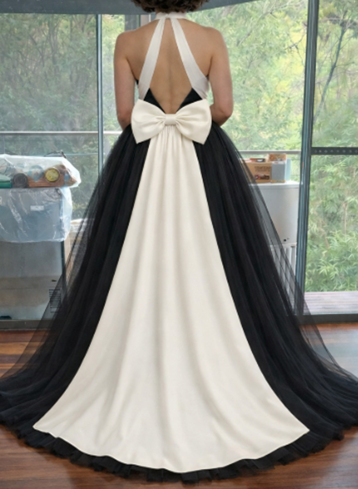 A-Line Halter Sleeveless Sweep Train Satin/Organza Wedding Dresses With Bow(s)
