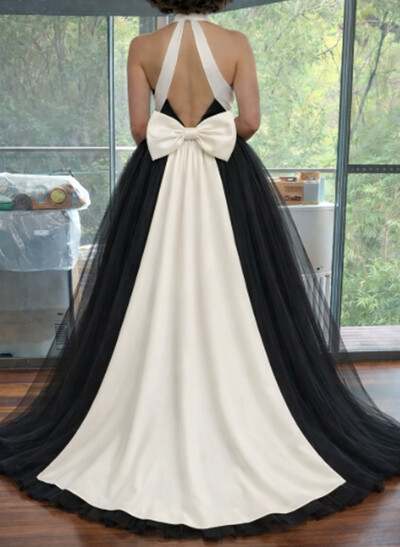 A-Line Halter Sleeveless Sweep Train Satin/Organza Wedding Dresses With Bow(s)