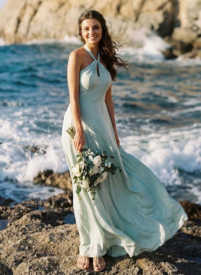 Elegant A-Line Halter Sleeveless Floor-Length Chiffon Bridesmaid Dresses