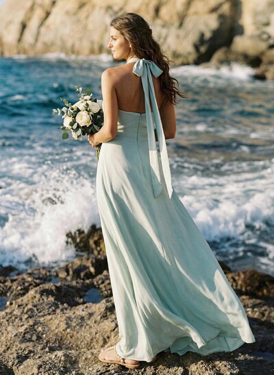 Elegant A-Line Halter Sleeveless Floor-Length Chiffon Bridesmaid Dresses