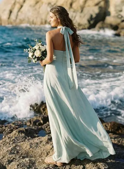 Elegant A-Line Halter Sleeveless Floor-Length Chiffon Bridesmaid Dresses