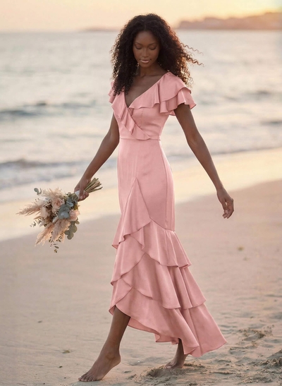 Trumpet/Mermaid V-Neck Short Sleeves Floor-Length Crepe Satin Bridesmaid Dresses With Ruffle/High Split