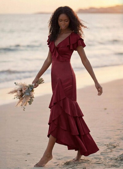 Trumpet/Mermaid V-Neck Short Sleeves Floor-Length Crepe Satin Bridesmaid Dresses With Ruffle/High Split