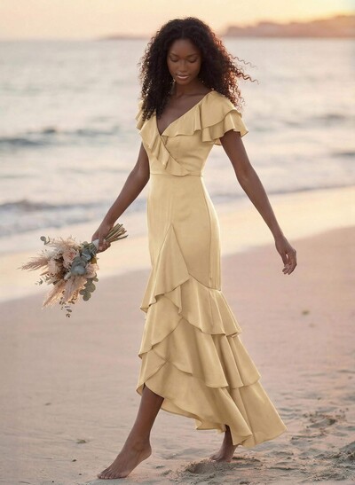 Trumpet/Mermaid V-Neck Short Sleeves Floor-Length Crepe Satin Bridesmaid Dresses With Ruffle/High Split