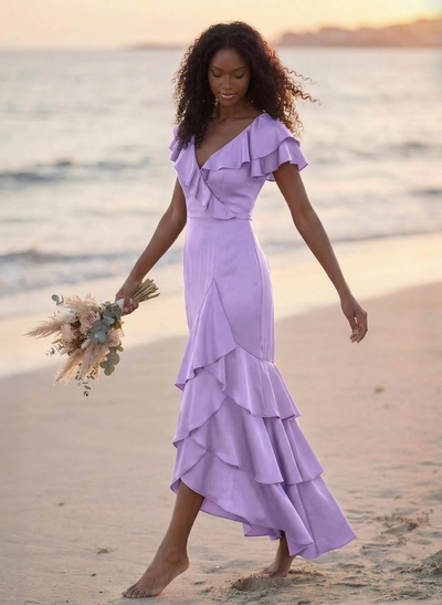 Trumpet/Mermaid V-Neck Short Sleeves Floor-Length Crepe Satin Bridesmaid Dresses With Ruffle/High Split