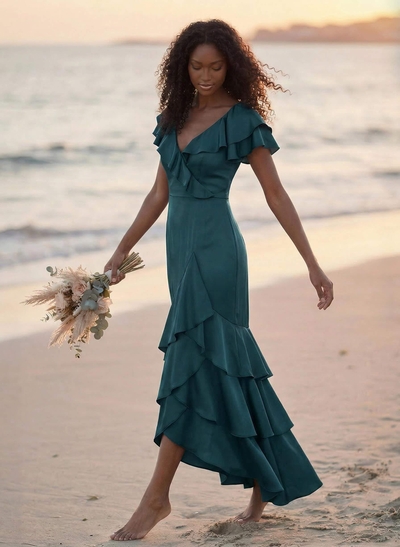 Trumpet/Mermaid V-Neck Short Sleeves Floor-Length Crepe Satin Bridesmaid Dresses With Ruffle/High Split