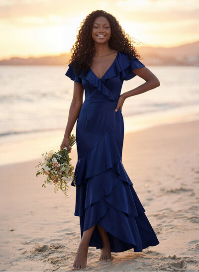 Trumpet/Mermaid V-Neck Short Sleeves Floor-Length Crepe Satin Bridesmaid Dresses With Ruffle/High Split