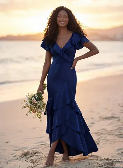 Trumpet/Mermaid V-Neck Short Sleeves Floor-Length Crepe Satin Bridesmaid Dresses With Ruffle/High Split