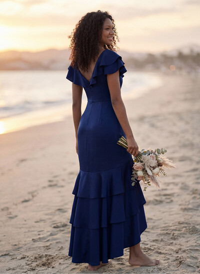 Trumpet/Mermaid V-Neck Short Sleeves Floor-Length Crepe Satin Bridesmaid Dresses With Ruffle/High Split