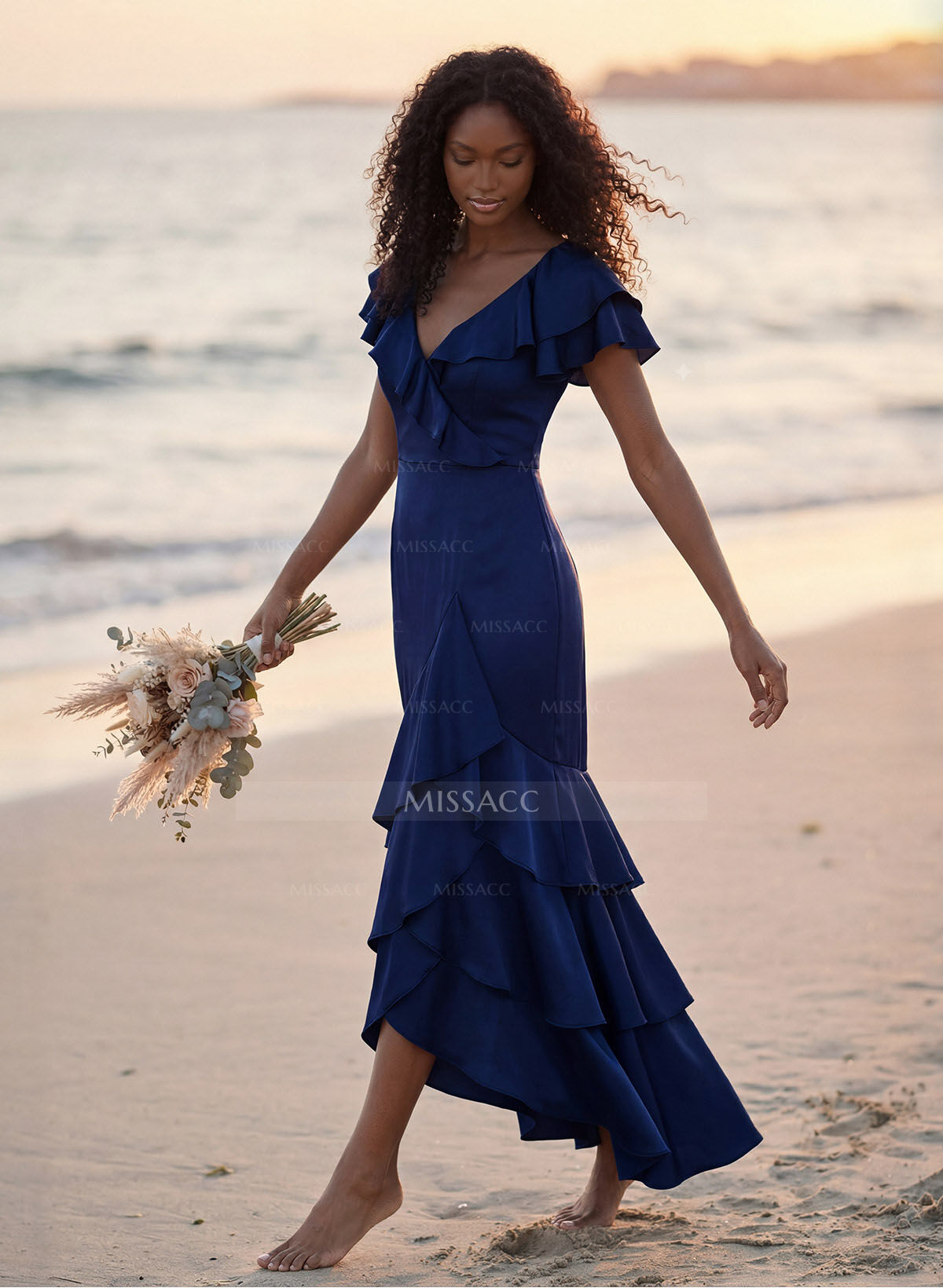 Trumpet/Mermaid V-Neck Short Sleeves Floor-Length Crepe Satin Bridesmaid Dresses With Ruffle/High Split