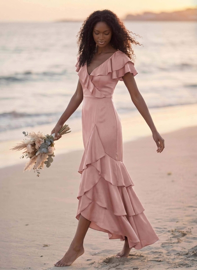 Trumpet/Mermaid V-Neck Short Sleeves Floor-Length Crepe Satin Bridesmaid Dresses With Ruffle/High Split