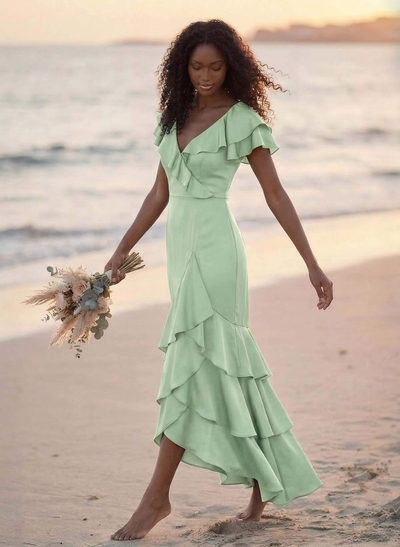 Trumpet/Mermaid V-Neck Short Sleeves Floor-Length Crepe Satin Bridesmaid Dresses With Ruffle/High Split