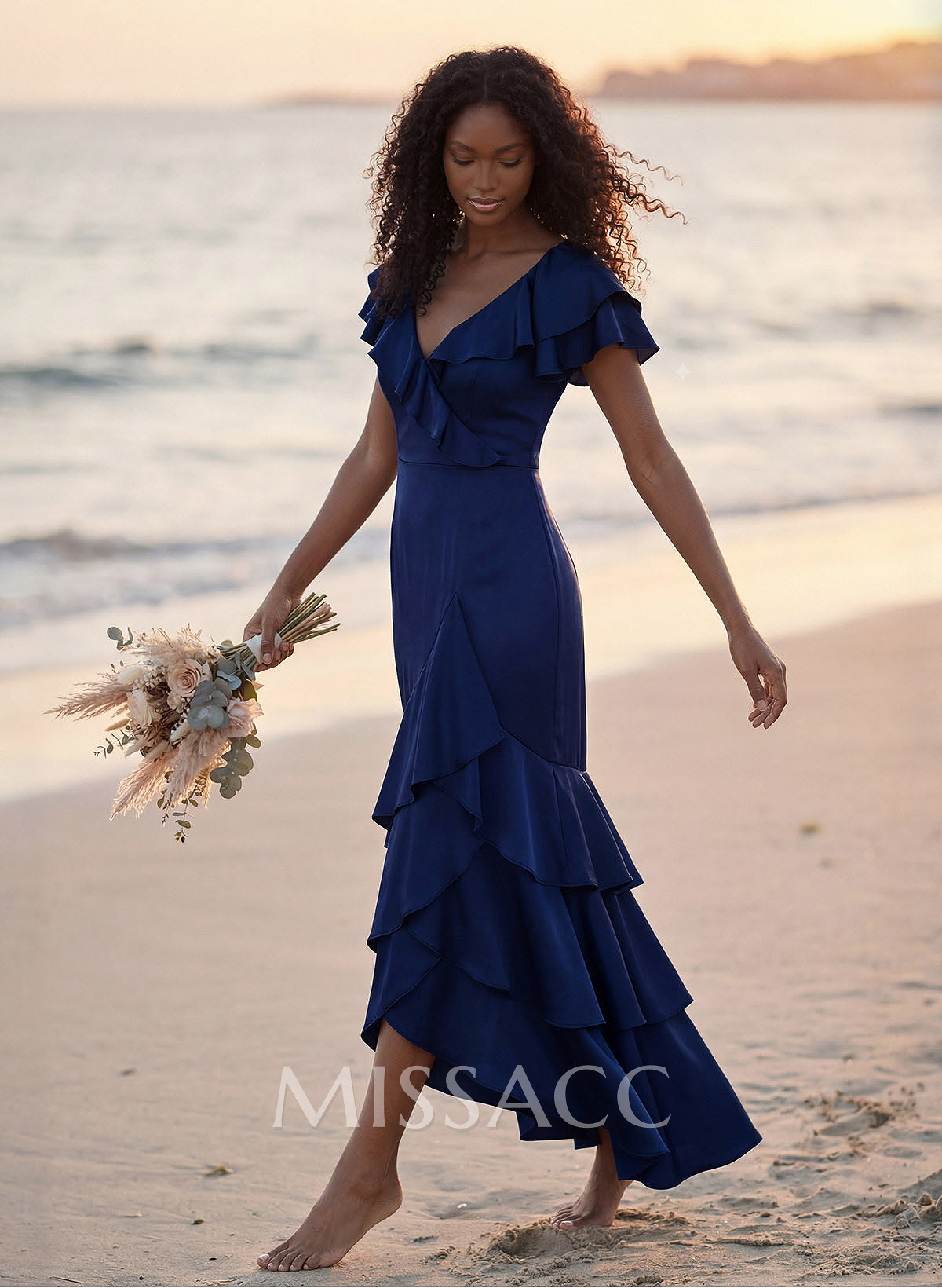Trumpet/Mermaid V-Neck Short Sleeves Floor-Length Crepe Satin Bridesmaid Dresses With Ruffle/High Split Trumpet/Mermaid V-Neck Short Sleeves Floor-Length Crepe Satin Bridesmaid Dresses With Ruffle/High Split