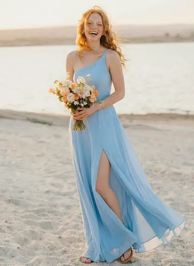 A-Line One-Shoulder Sleeveless Floor-Length Chiffon Bridesmaid Dresses With High Split