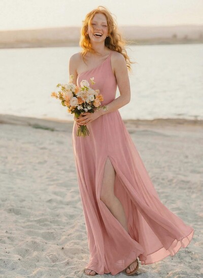 A-Line One-Shoulder Sleeveless Floor-Length Chiffon Bridesmaid Dresses With High Split