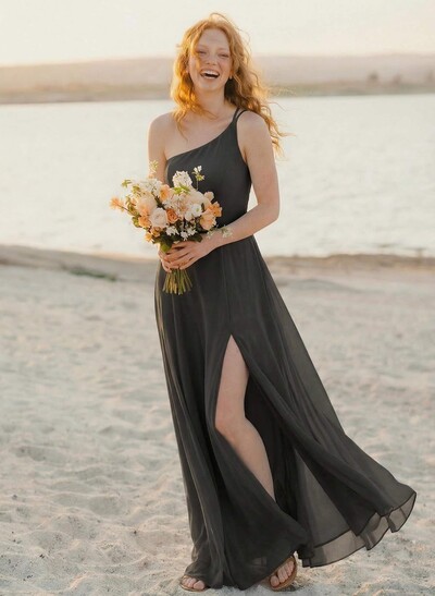 A-Line One-Shoulder Sleeveless Floor-Length Chiffon Bridesmaid Dresses With High Split