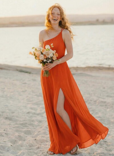 A-Line One-Shoulder Sleeveless Floor-Length Chiffon Bridesmaid Dresses With High Split