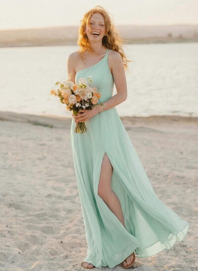 A-Line One-Shoulder Sleeveless Floor-Length Chiffon Bridesmaid Dresses With High Split