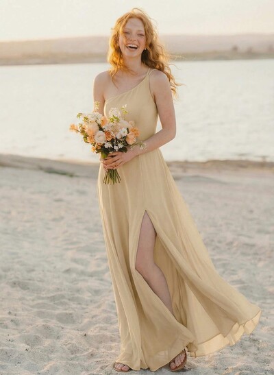A-Line One-Shoulder Sleeveless Floor-Length Chiffon Bridesmaid Dresses With High Split