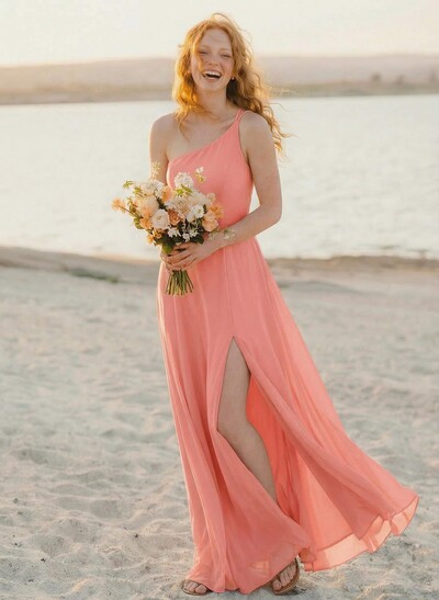 A-Line One-Shoulder Sleeveless Floor-Length Chiffon Bridesmaid Dresses With High Split