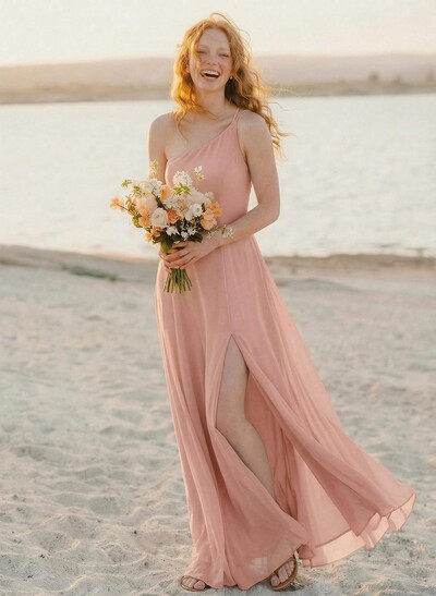 A-Line One-Shoulder Sleeveless Floor-Length Chiffon Bridesmaid Dresses With High Split