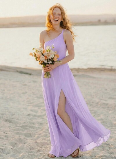 A-Line One-Shoulder Sleeveless Floor-Length Chiffon Bridesmaid Dresses With High Split