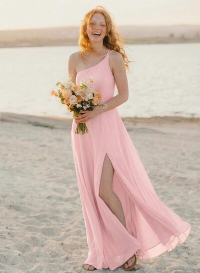 A-Line One-Shoulder Sleeveless Floor-Length Chiffon Bridesmaid Dresses With High Split