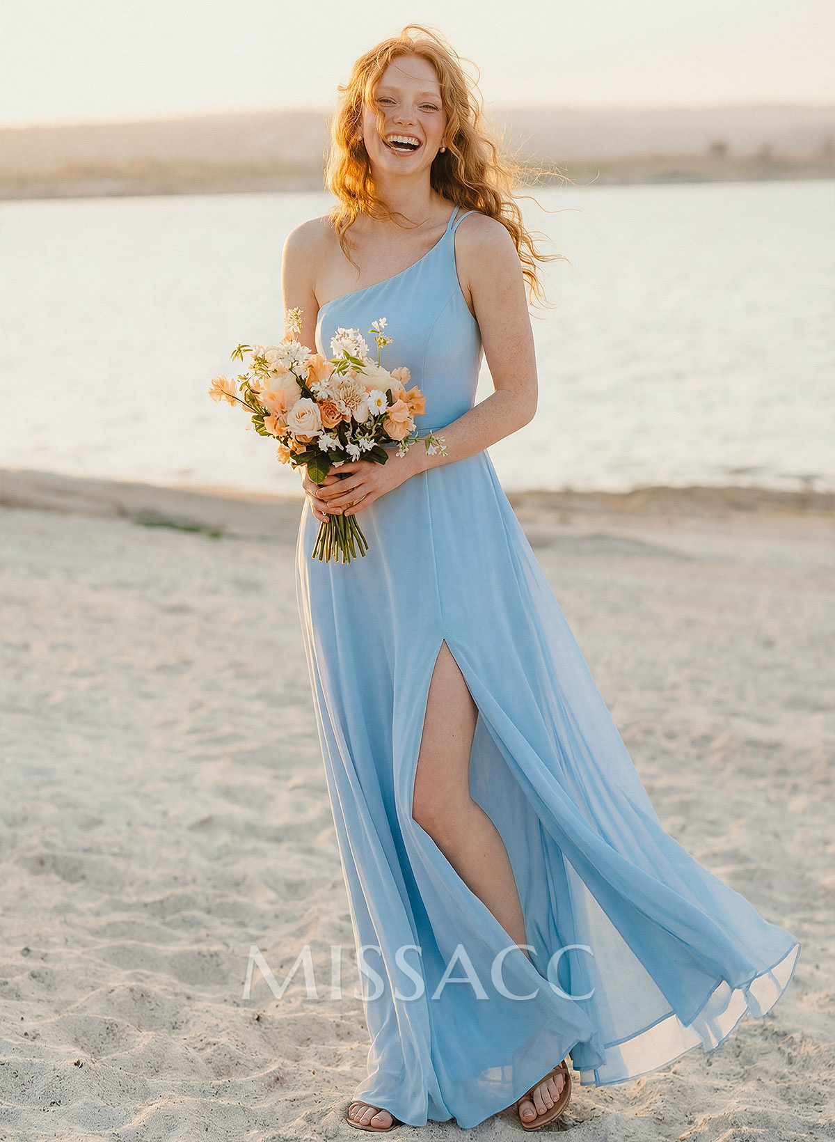 A-Line One-Shoulder Sleeveless Floor-Length Chiffon Bridesmaid Dresses With High Split A-Line One-Shoulder Sleeveless Floor-Length Chiffon Bridesmaid Dresses With High Split