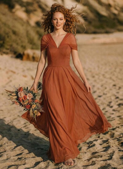 Elegant A-Line V-Neck Sleeveless Floor-Length Chiffon Bridesmaid Dresses