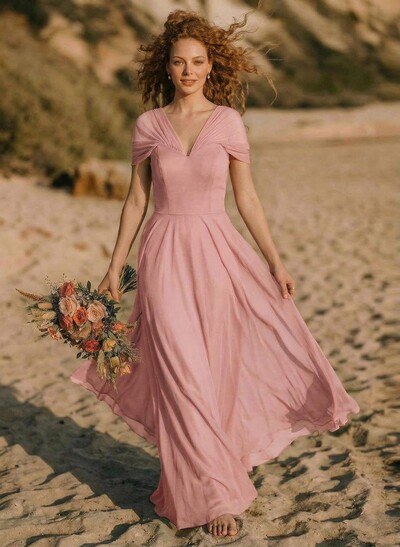 Elegant A-Line V-Neck Sleeveless Floor-Length Chiffon Bridesmaid Dresses