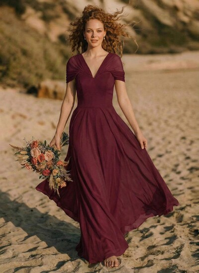 Elegant A-Line V-Neck Sleeveless Floor-Length Chiffon Bridesmaid Dresses