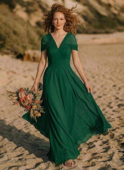 Elegant A-Line V-Neck Sleeveless Floor-Length Chiffon Bridesmaid Dresses