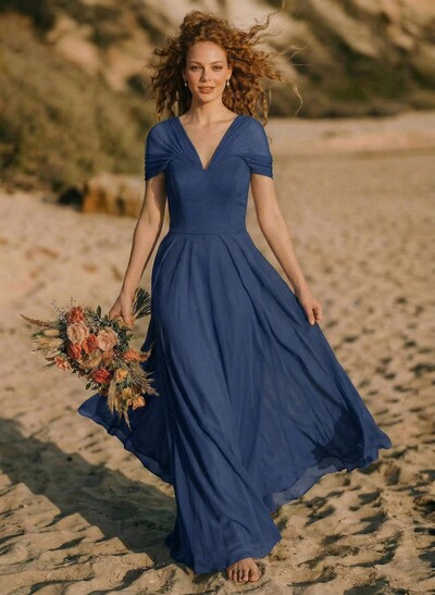 Elegant A-Line V-Neck Sleeveless Floor-Length Chiffon Bridesmaid Dresses
