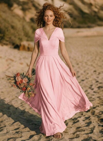 Elegant A-Line V-Neck Sleeveless Floor-Length Chiffon Bridesmaid Dresses