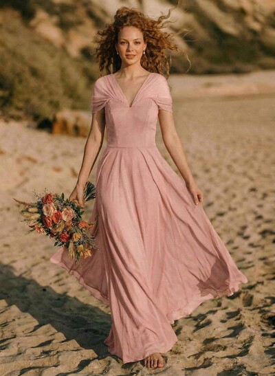 Elegant A-Line V-Neck Sleeveless Floor-Length Chiffon Bridesmaid Dresses