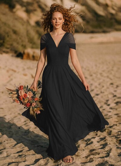 Elegant A-Line V-Neck Sleeveless Floor-Length Chiffon Bridesmaid Dresses